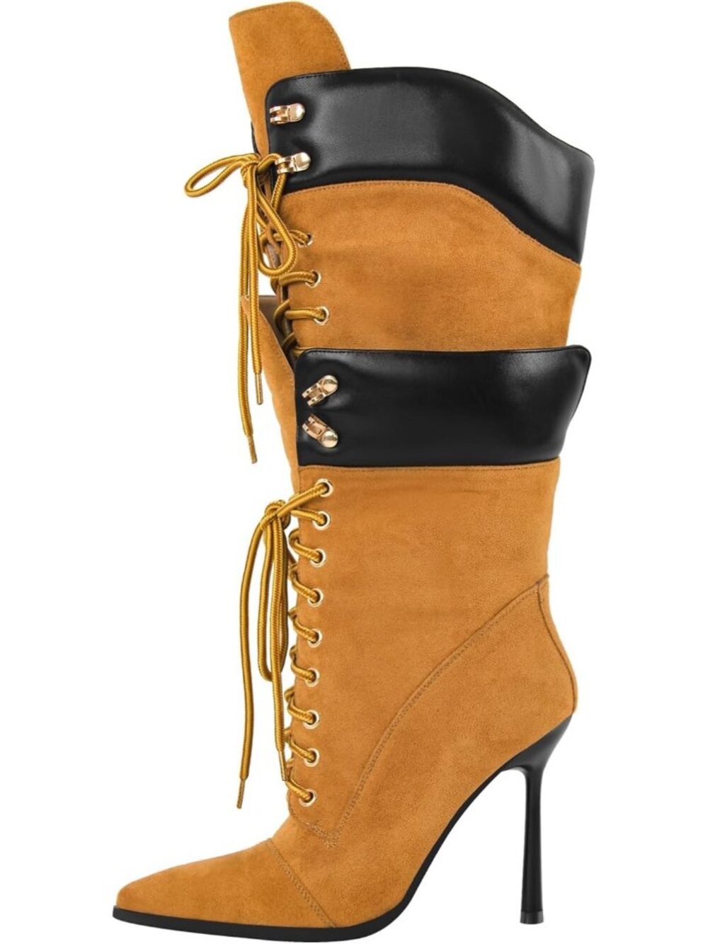 Women's Yellow Double Lace Pointed Toe Stilettos Straps Strappy Knee High Boots
